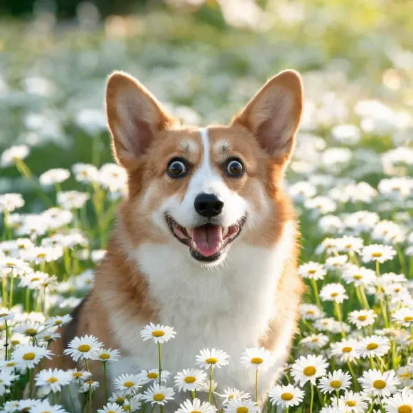 柯基犬，脸部有白色和浅棕色毛发，耳朵竖立，嘴巴张开，处于花菊花丛之中。