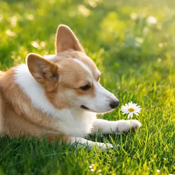 威尔士柯基犬浅棕色与白色相间的毛发,正专注地嗅闻白色雏菊花瓣。