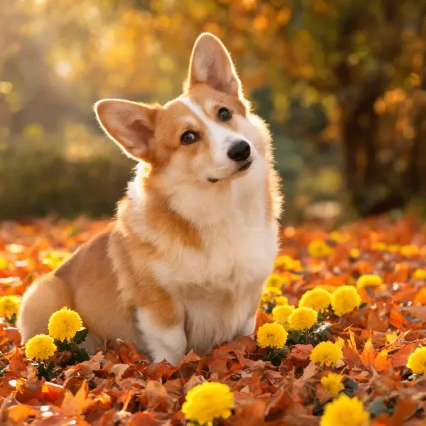 秋日落叶黄花间柯基犬静坐