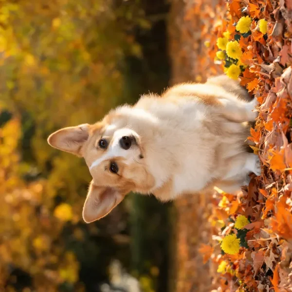 一只在浅棕白色毛发下的柯基犬倒立在秋景落叶与黄色花朵旁，耳朵竖起注视镜头。