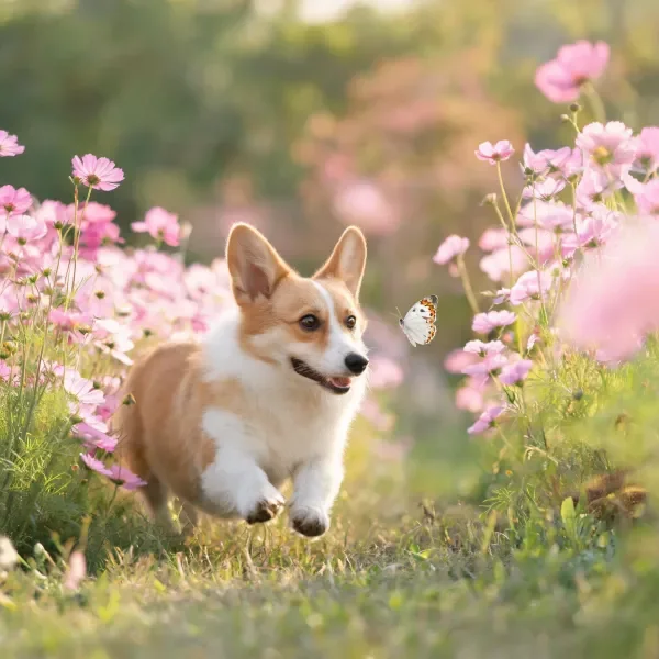 威尔士柯基犬浅棕色与白色相间的毛发，旁边有一只带有斑点翅膀的蝴蝶。