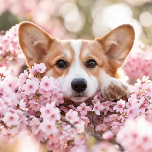 威尔士柯基犬有着棕白相间的毛发，正将前爪搭在粉色樱花枝上，眼神专注地注视前方。