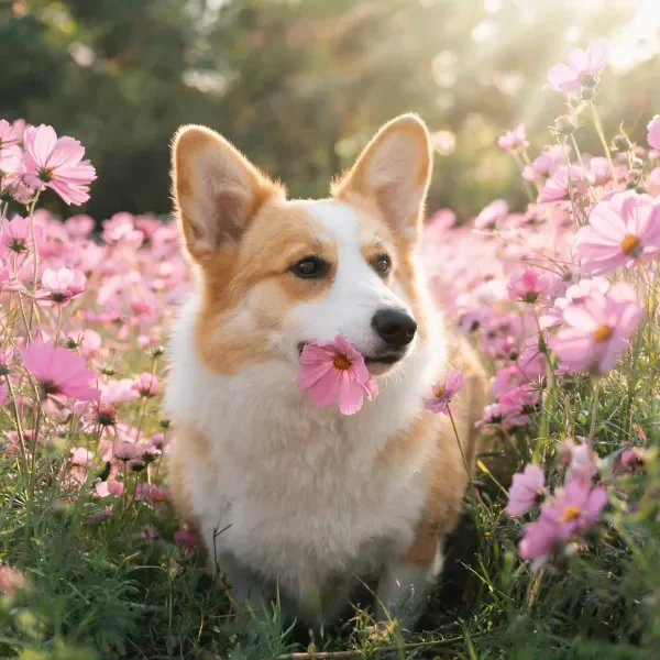 柯基犬嘴里叼着粉色花朵，浅棕色与白色相间的毛发，周围是繁茂的粉色花卉。