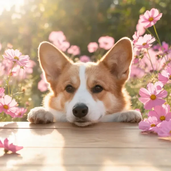 柯基犬趴在平台上,浅棕白相间的毛发,前爪搭在平台边缘,周围是盛开的粉色花卉。