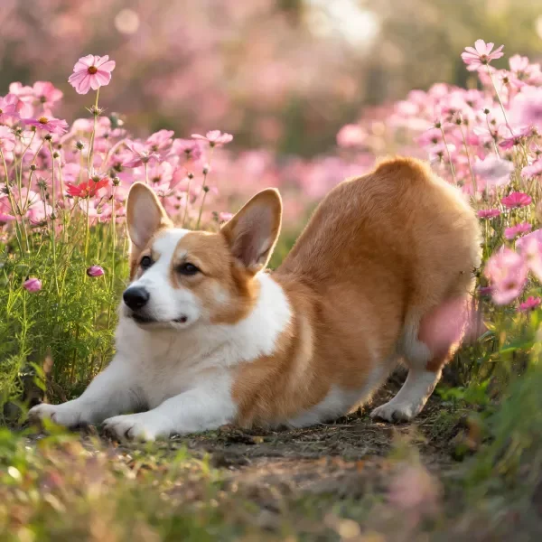阳光下柯基犬躺卧在粉色花丛中