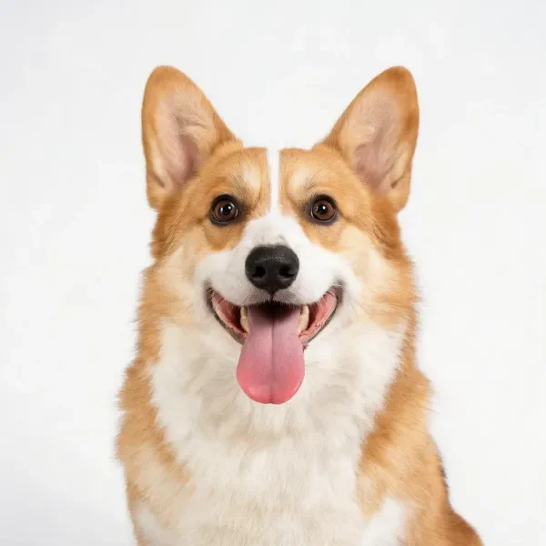 威尔士柯基犬正面特写展现其浅棕与白色相间的毛发及伸出的舌头。