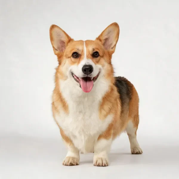 威尔士柯基犬站立着，嘴巴张开露出粉色舌头，身体呈现棕白相间的毛色。