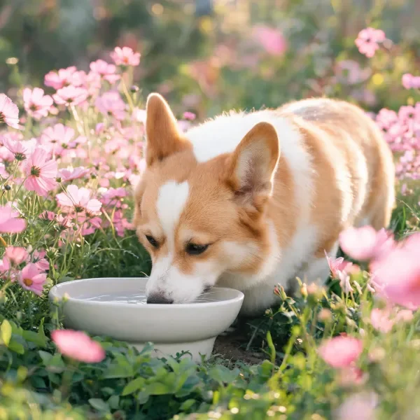 一只浅棕色与白色相间的柯基犬低头饮用白色碗中的水,鼻尖沾有水珠。