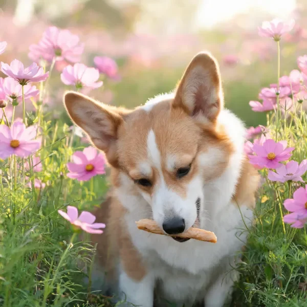 柯基犬嘴里叼着浅棕色食物，身处粉色花卉丛中，毛发柔软蓬松。