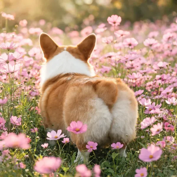 柯基犬在粉色花海中漫步,棕白相间的毛发与周围粉色花朵形成鲜明对比,蓬松的尾巴微微翘起。