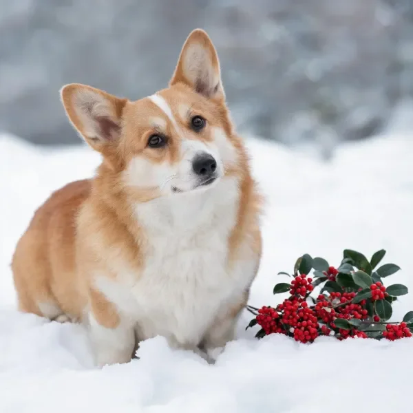 柯基犬安静地坐在雪地中,身旁是带有红色浆果的枝条,毛发柔软浓密。