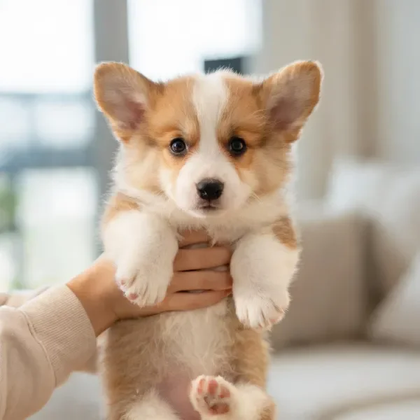 一只棕白相间的柯基犬幼崽被人双手托举着,前爪下垂,耳朵竖立着,眼神专注地注视前方。