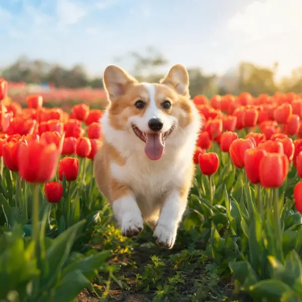 柯基犬穿行郁金香花田瞬间