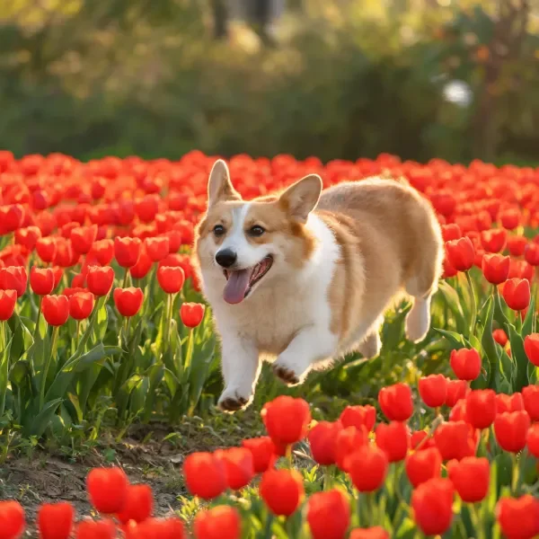 威尔士柯基犬在红色郁金香花田奔跑