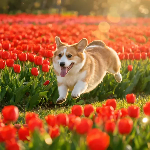 柯基犬毛发蓬松柔软, 张开嘴巴奔跑时耳朵向后扬起, 四肢有力地向前跃。
