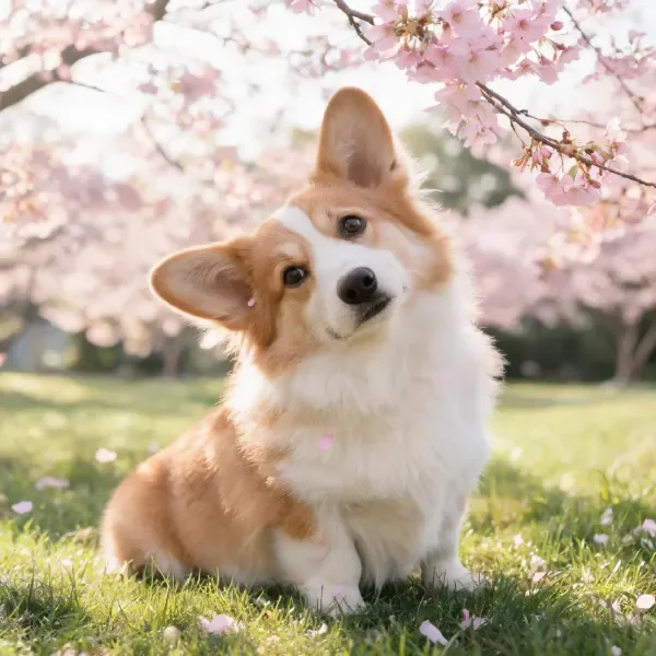 樱花树下柯基犬休憩场景