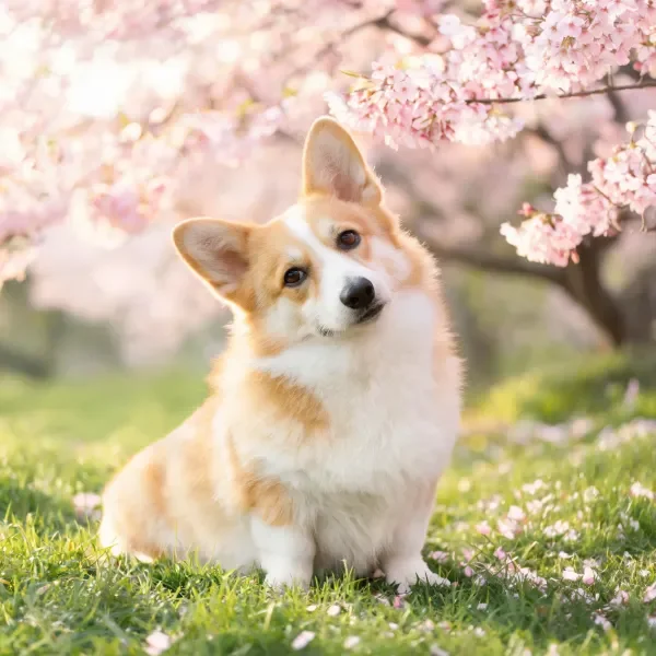 樱花下的柯基犬,棕白相间的毛发蓬松柔软,耳朵直立,目光看向一旁。
