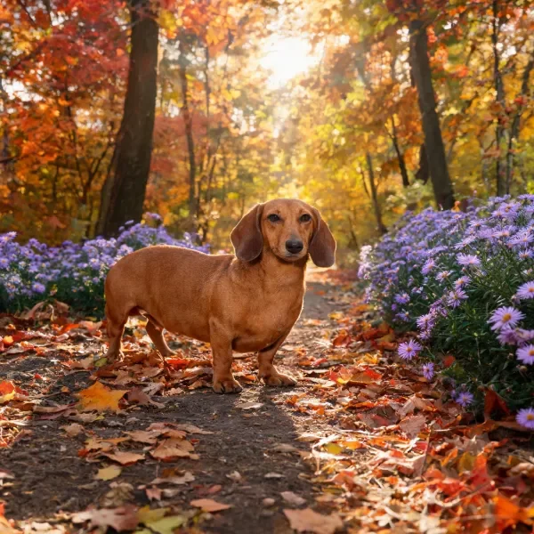腊肠犬站立在林间步道上,红棕色短毛在阳光照射下显得油亮,周围环绕着紫色花卉与落叶。