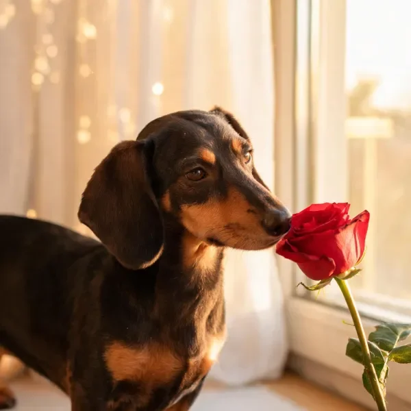 腊肠犬窗边嗅红玫瑰特写