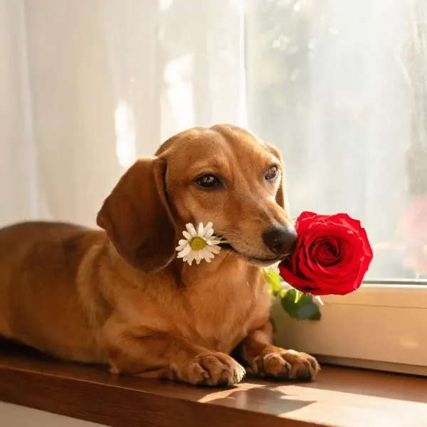 窗台上的腊肠犬与花卉