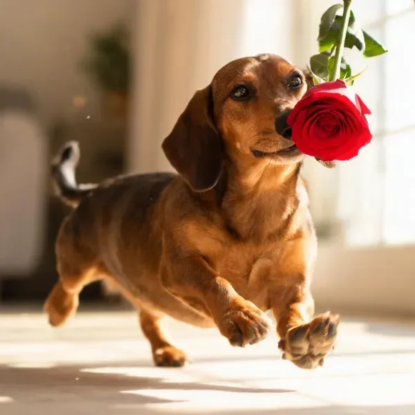 腊肠犬嘴里衔着红玫瑰,棕褐色短毛在奔跑过程中显得十分灵活。