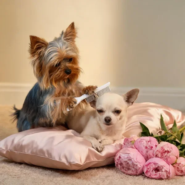 约克夏梗犬梳理吉娃娃犬在软垫上的场景