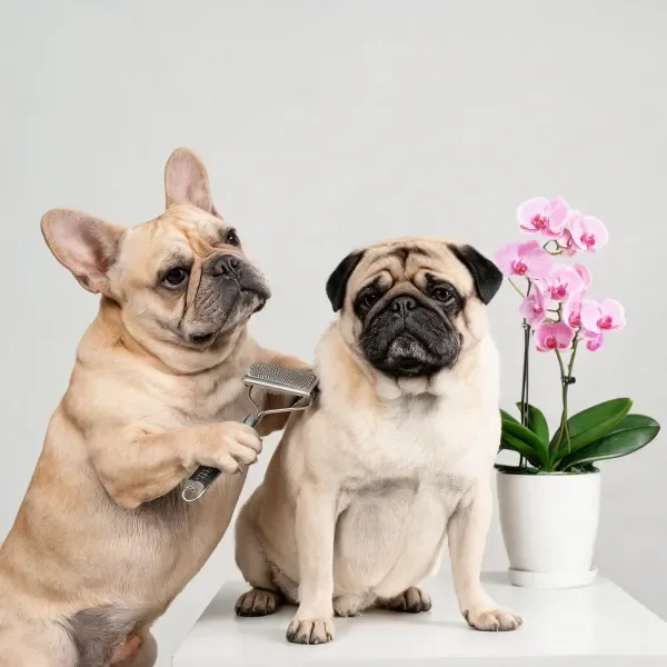 法国斗牛犬用梳子为身旁的哈巴狗梳理毛发,哈巴狗安静坐着,周围有蝴蝶兰点缀。