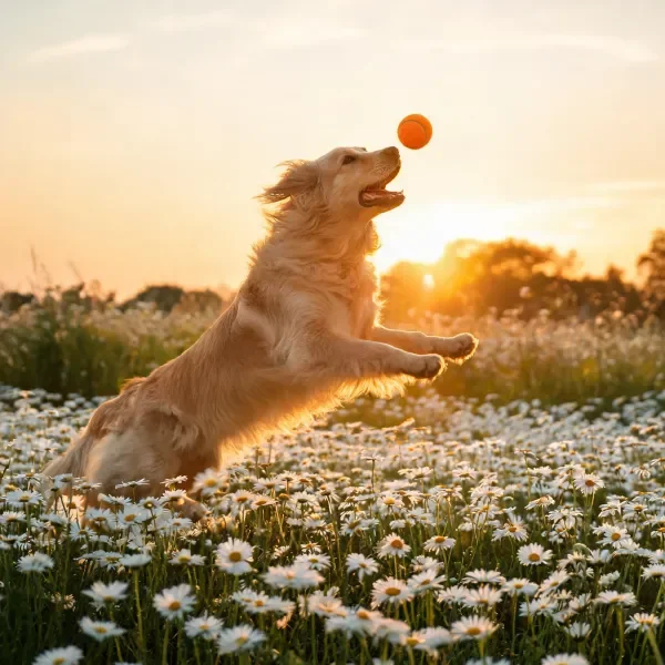 金毛寻回犬嘴巴张开准备接住空中的橙色皮球,周围是盛开的白色雏菊花朵,阳光照亮它的毛发。