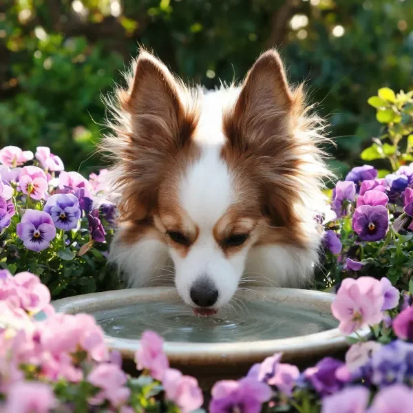波美拉尼亚犬低头饮水，毛发蓬松湿润，周围环绕着彩色花卉。