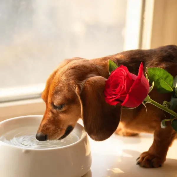 腊肠犬饮水时背部有红玫瑰