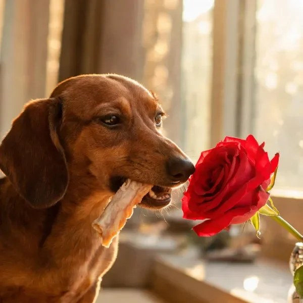腊肠犬嘴里叼着肉块，目光注视着红色的玫瑰花瓣，毛发呈棕褐色。