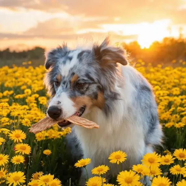 澳大利亚牧羊犬花田中叼食物的特写