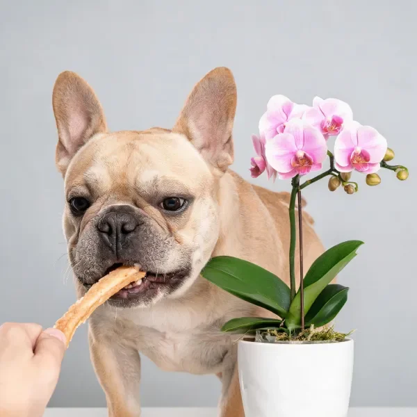 法国斗牛犬正吃着手中食物,浅棕色毛发与周围环境协调,旁边粉色兰花的花瓣饱满。