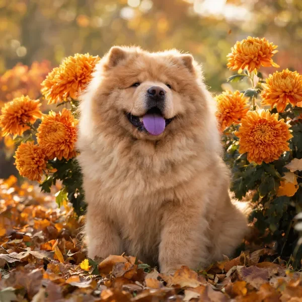 一只浅棕色毛发的猞猁犬坐在橙色黄色菊花丛中，露出淡紫色舌头，周围是秋季落叶。