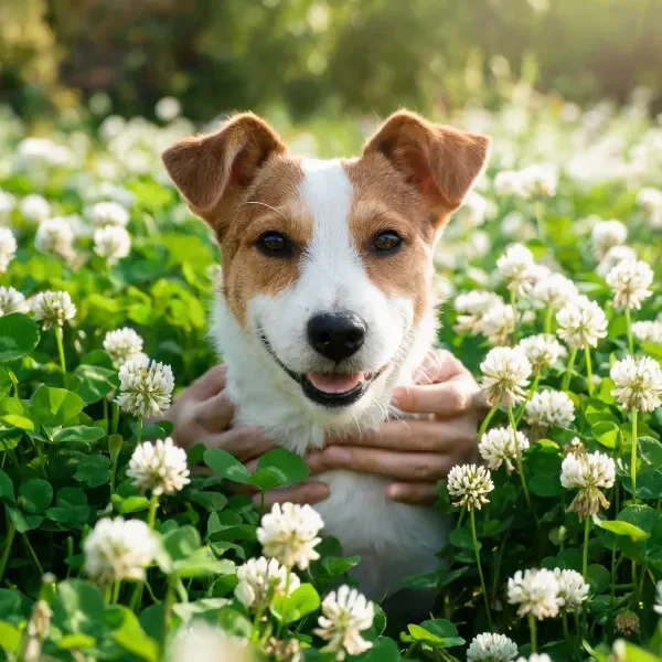 杰克罗素梗犬在白色三叶草花丛中，毛发棕白相间，被双手轻托的姿态。