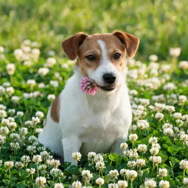 杰克罗素梗犬嘴里叼着粉色小花,毛发洁白带有棕色斑块。