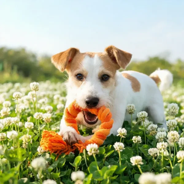 草地里的杰克罗素梗犬玩绳玩具