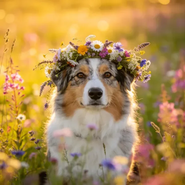 澳大利亚牧羊犬戴着由多种野花组成的花冠,白色的毛发与彩色花朵形成鲜明对比。