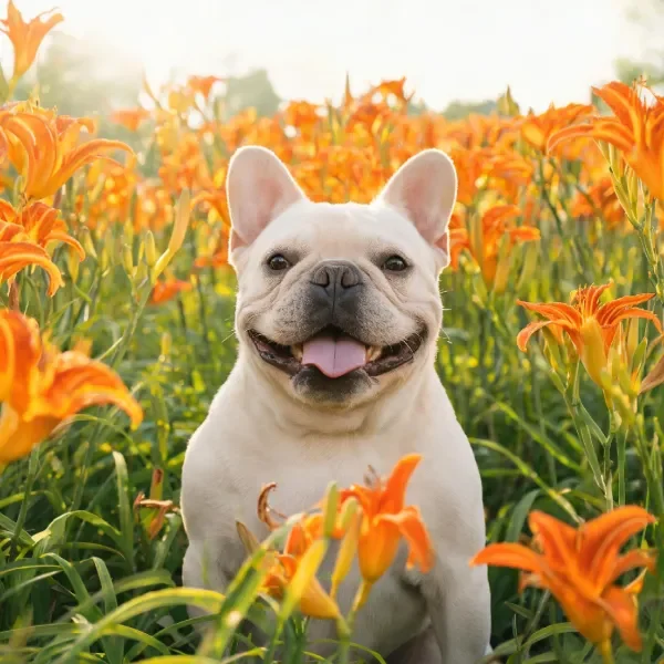 一只白色的法国斗牛犬在橙色花卉间,嘴角上扬露出牙齿,舌头微微伸出。