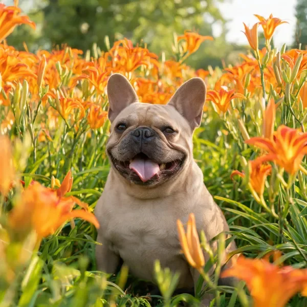法国斗牛犬坐在橙色百合花丛中，嘴巴张开露出舌头，毛发呈浅米色。