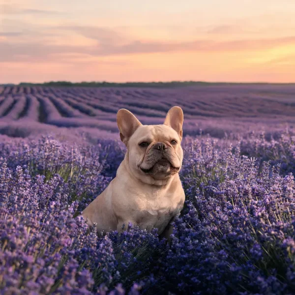 一只浅色的法国斗牛犬安静地坐在紫色薰衣草花丛中，耳朵微微立起，皮毛在夕阳下呈现出柔和光泽。