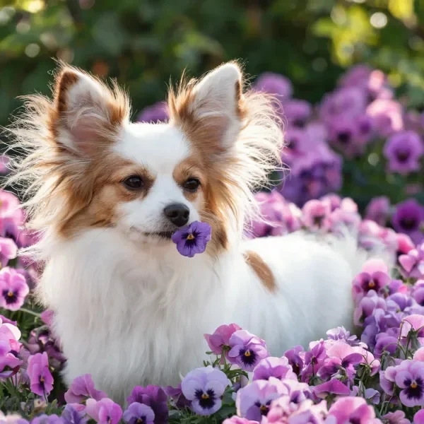 Papillon犬叼着紫色花朵,白色毛发蓬松柔软,耳朵大而直立。