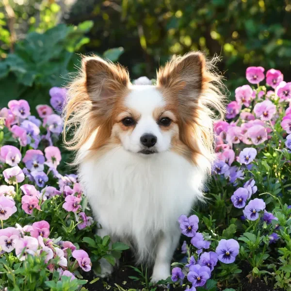 蝴蝶犬有着白色与浅棕色相间的毛发,正安静地站在色彩丰富的花卉丛中,周围是紫色和粉色的小花。