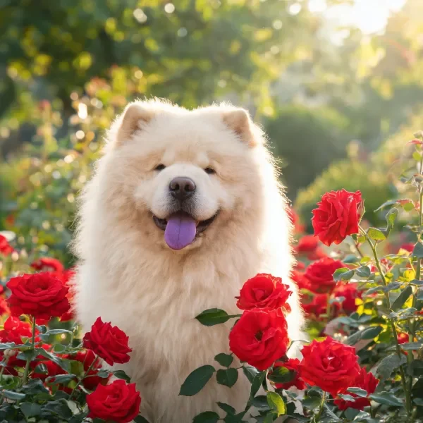 身披洁白浓密毛发、张着紫色舌头的柴犬,与盛开的鲜艳红玫瑰共同出现在画面中。