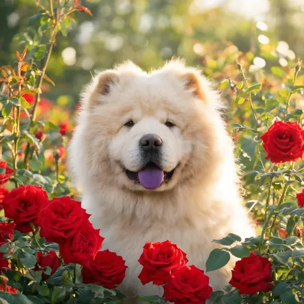 獒犬有着蓬松白色毛发，紫色舌头外露，处于红色玫瑰丛中。