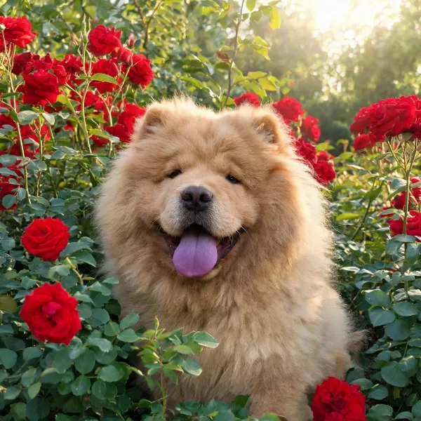 沙皮犬在玫瑰花丛中,浅棕色蓬松毛发与鲜艳红花形成对比,紫色舌头外露。