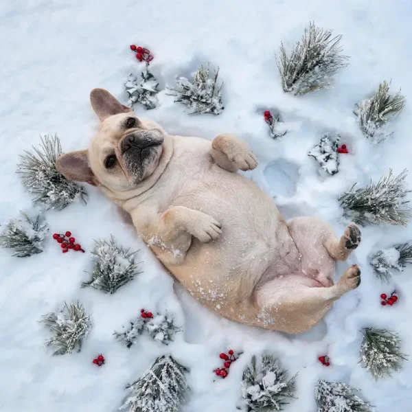 法国斗牛犬仰躺在雪地上，浅黄色皮毛沾着雪花，周围环绕着覆雪小灌木和红色浆果。