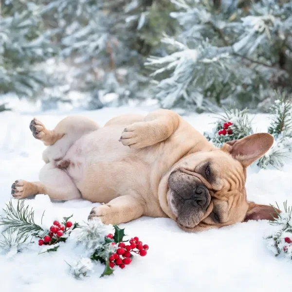 一只法国斗牛犬仰卧在雪地上，浅棕色皮毛与白色雪地形成鲜明对比。
