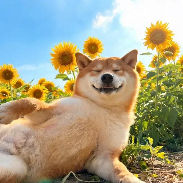 柴犬双眼微闭躺卧在明黄色向日葵花田中,浅棕色毛发蓬松柔软。