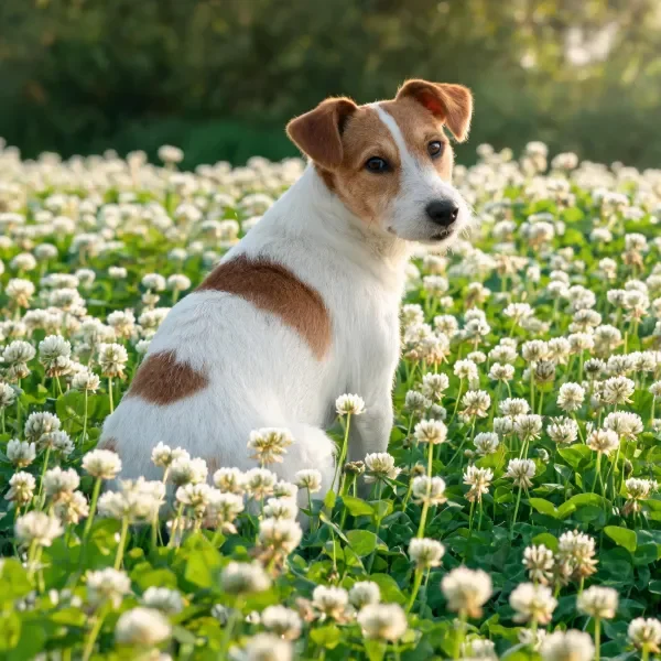 杰克罗素梗犬安静地坐在满是白色三叶草花的小花簇旁,耳朵竖起,目光看向远方。